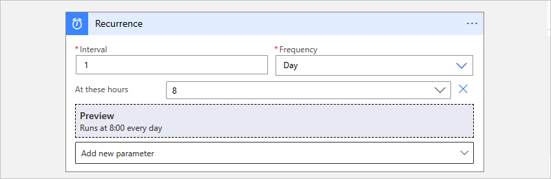 Screenshot shows Azure portal, Consumption workflow, and Recurrence trigger parameters set up.