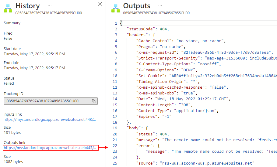 Screenshot shows Standard workflow trigger outputs.