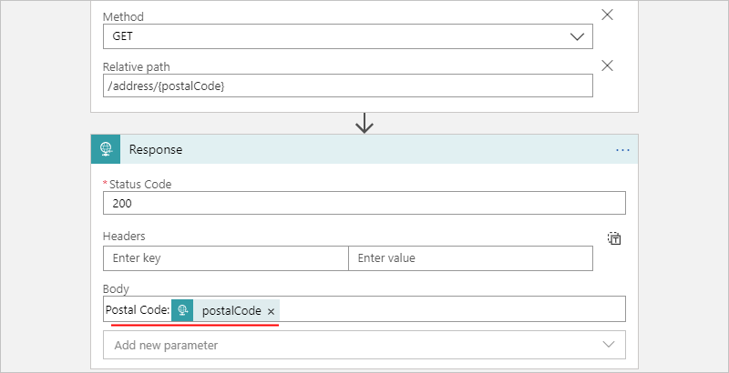 Screenshot shows Consumption workflow and example response body with parameter.