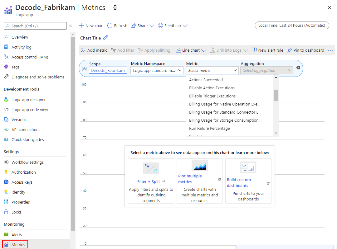 Screenshot that shows the Metrics pane with the opened "Metric" list.