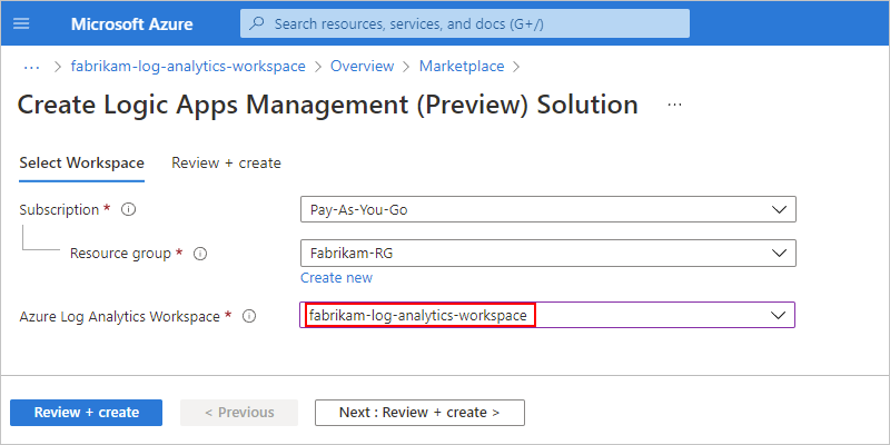 Screenshot showing the Azure portal, the Create Logic Apps Management (Preview) Solution page, and workspace information.