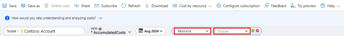 Screenshot of the Cost Analysis view showing a red box around the Add filter button.