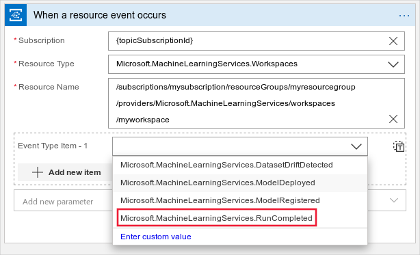 Screenshot showing the Machine Learning service as the resource type.