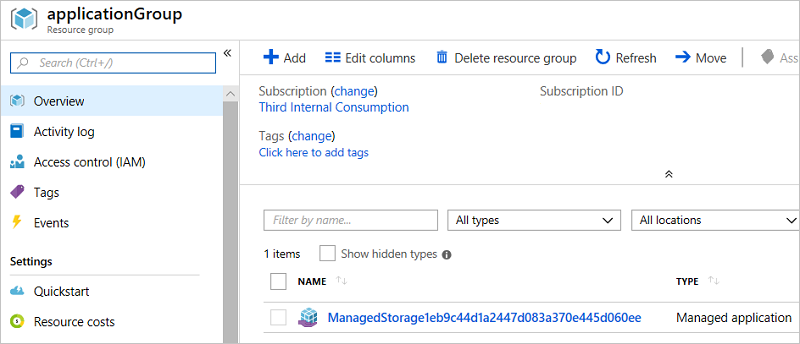 Screenshot that shows the managed application's details and highlights the link to the managed resource group.