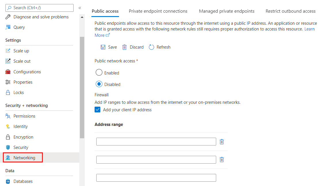 Screenshot of the Azure platform. Add Azure Managed Grafana outbound IPs to datasource firewall allowlist.