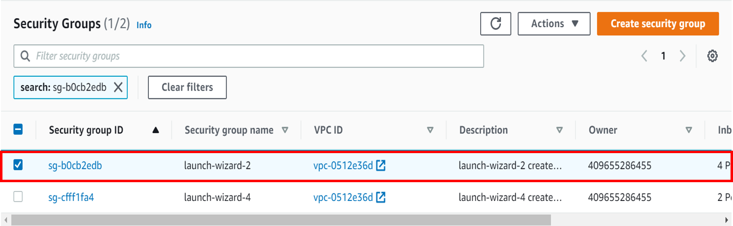 Screenshot that shows AWS security groups.