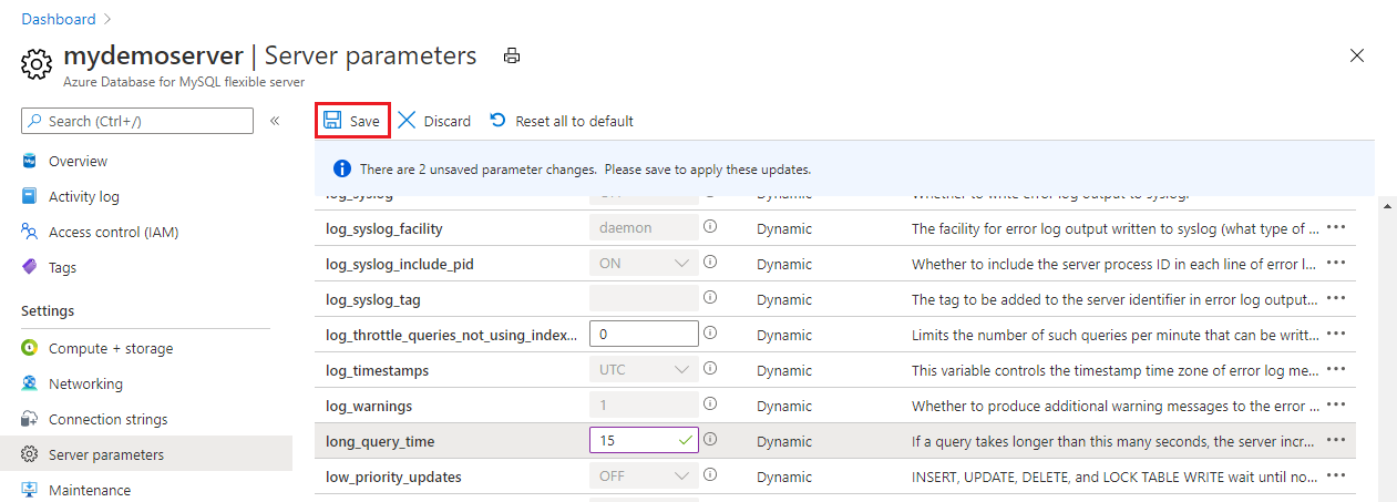 Screenshot of the 'Save' button for saving changes in the parameter values.