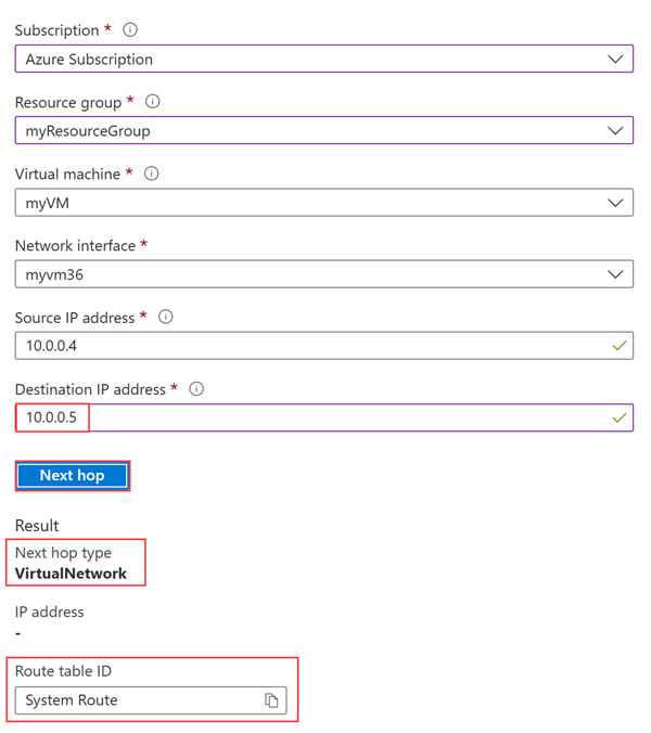 Screenshot showing Network Watcher next hop result when testing with an IP within the same virtual network.