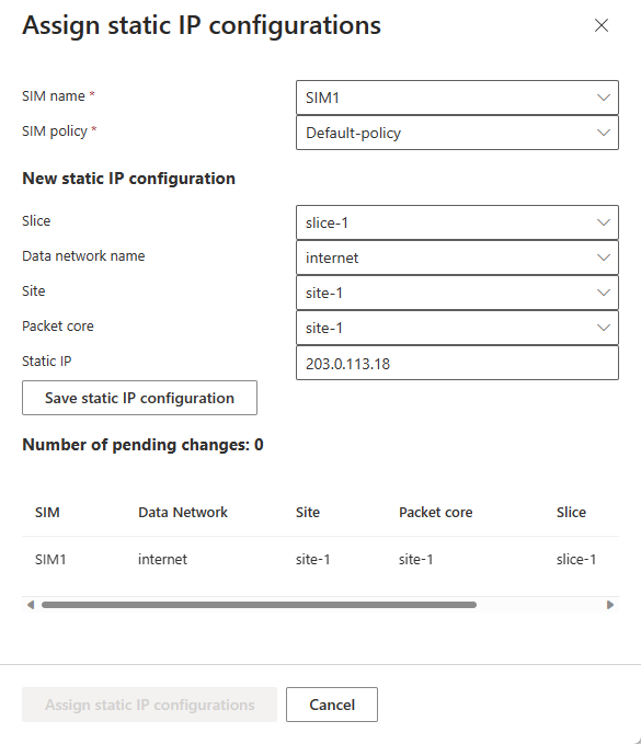 Screenshot of the Azure portal showing the Assign static IP configurations screen.