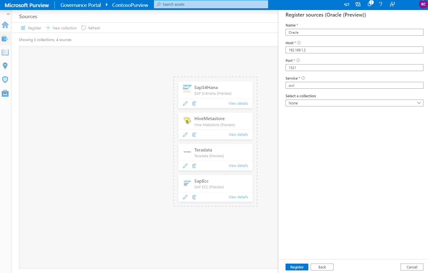 Screenshot of the register Oracle sources options.