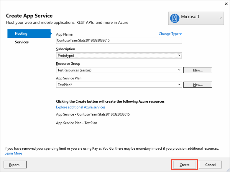 Screenshot that shows the App Service dialog box in Azure.