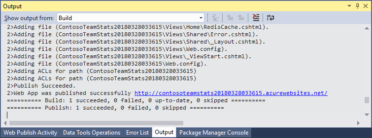 Screenshot that shows the publishing output window in Visual Studio.