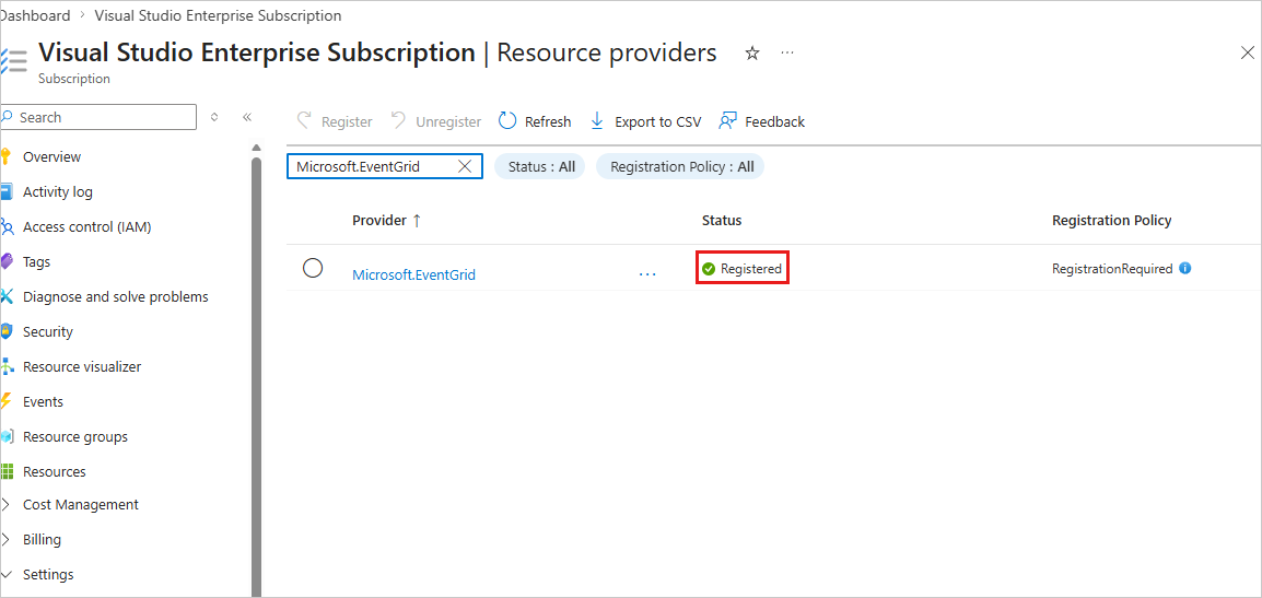 Screenshot that shows the successful registration of the Microsoft.EventGrid provider with an Azure subscription.