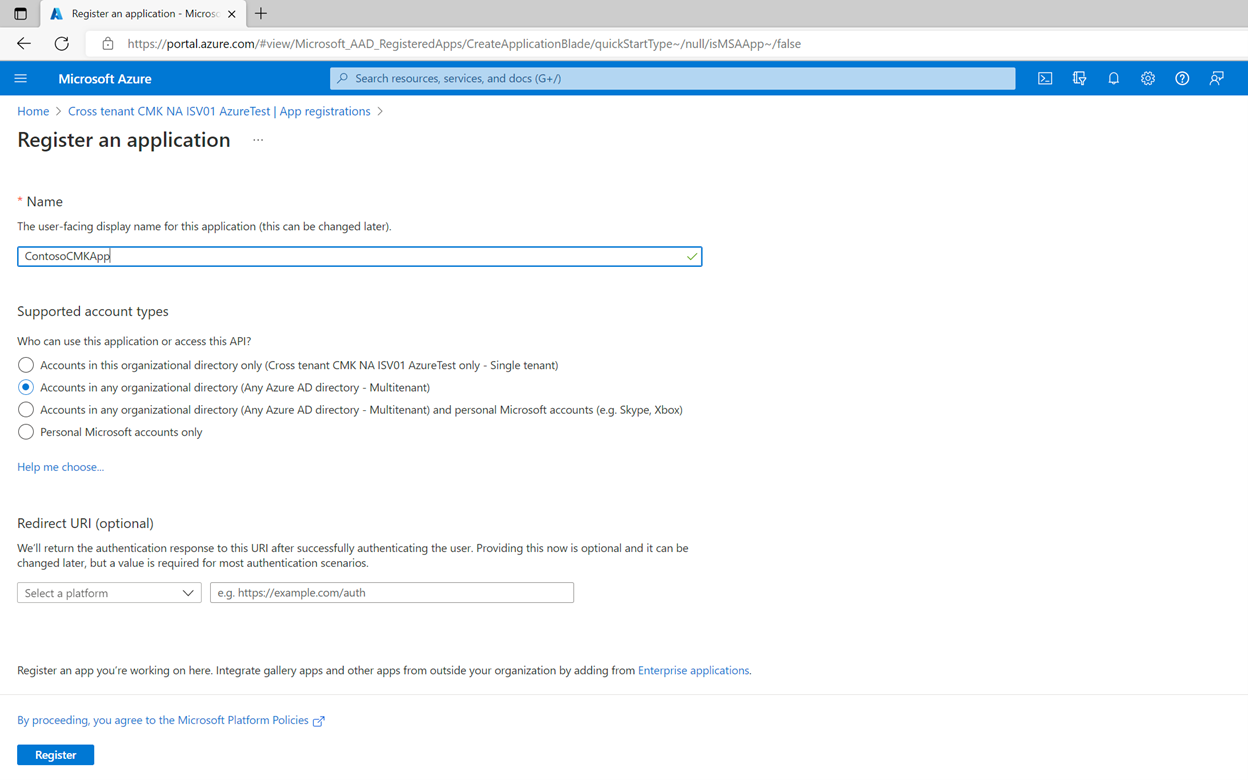Screen shot showing how to create a new multi-tenant application registration.