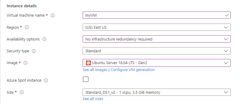 Screenshot of the Instance details section where you provide a name for the virtual machine and select its region, image, and size.