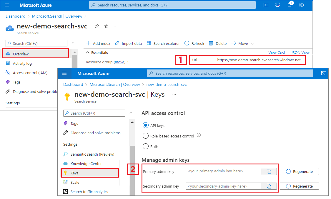 Screenshot that shows the HTTP endpoint and the primary and secondary API key locations.