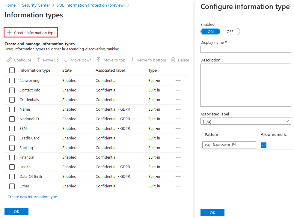 Configure a new information type for your information protection policy.