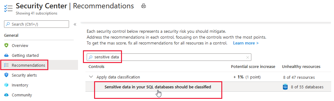 Finding the recommendation that provides access to the SQL information protection policies.