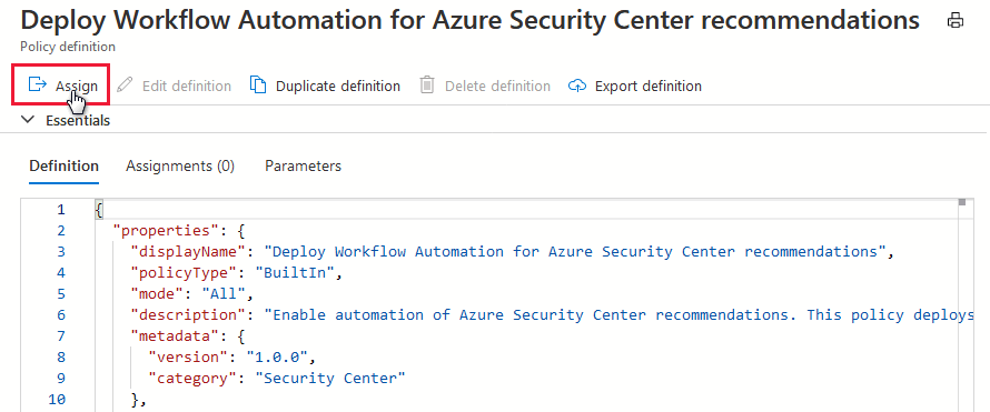 Screenshot that shows how to assign the Azure policy.