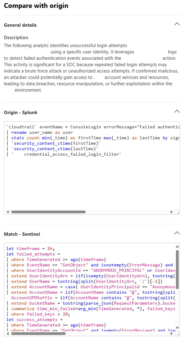 Screenshot of the comparison between Splunk SPL rule and Microsoft Sentinel KQL.
