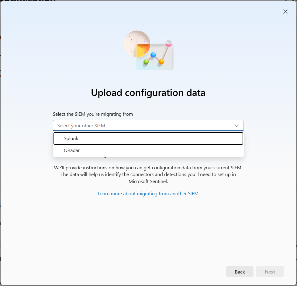 Screenshot of the UI asking the user to select the SIEM they're migrating from.