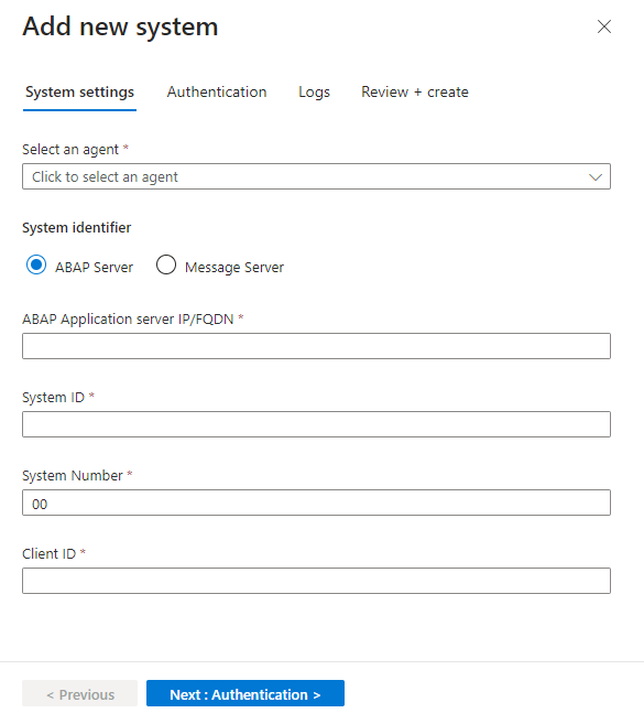 Screenshot of the Add new system area's System settings tab.