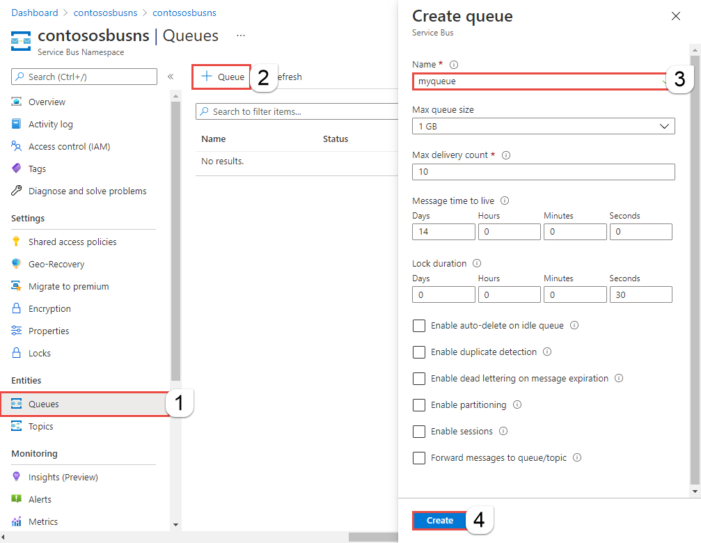 Image showing creation of a queue in the portal