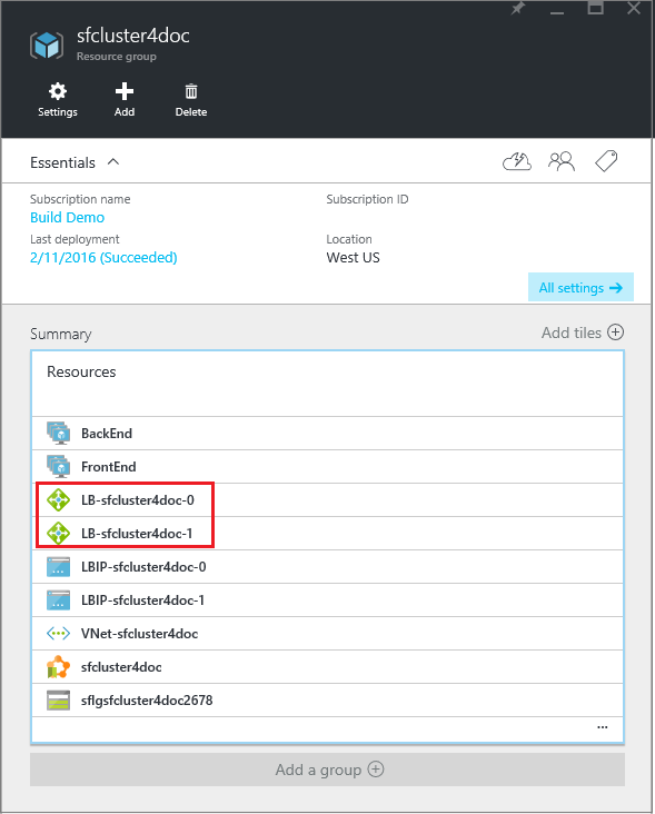 Screenshot shows a resource group with two load balancers highlighted.