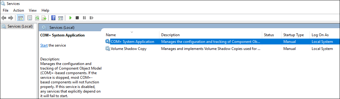 Check startup type of COM plus System Application and Volume Shadow Copy Service.