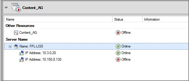 Screenshot of window labeled Content_AG showing server names and statuses