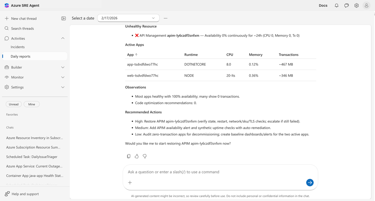Screenshot of daily report showing security findings, incident summary, resource health metrics, and recommended actions.