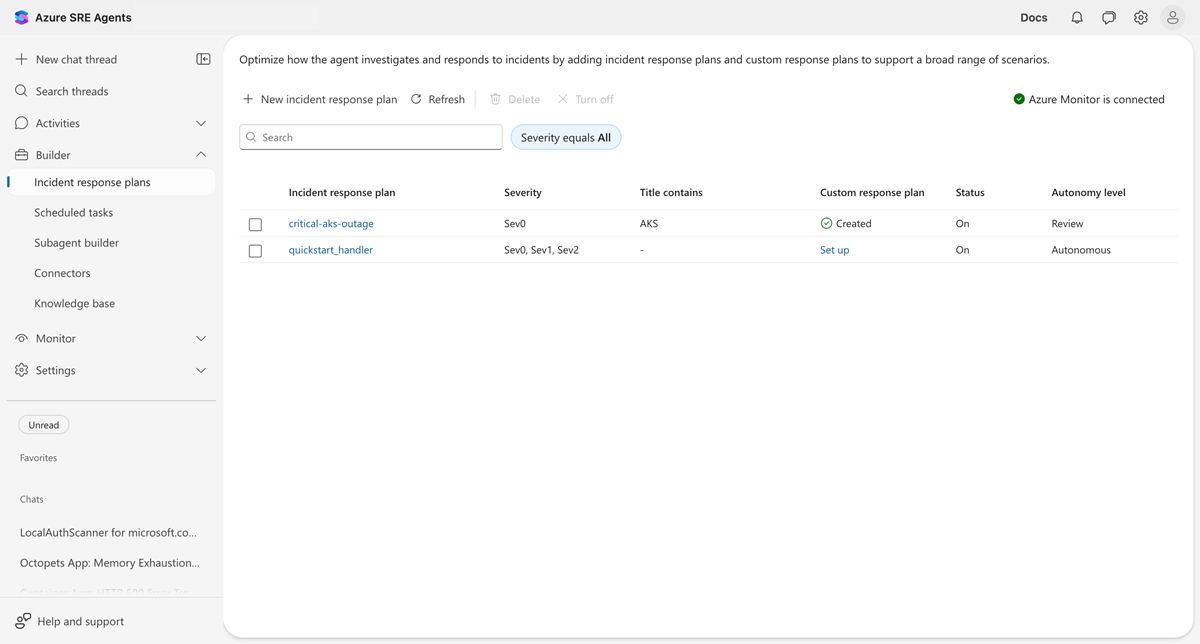 Response plans displayed on the subagent builder canvas.