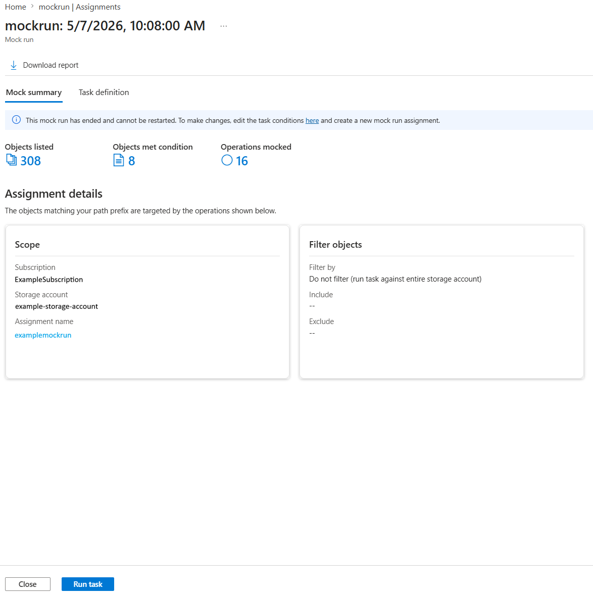 Screenshot of the mock run results page in Azure portal with mock summary metrics and the Download report button.