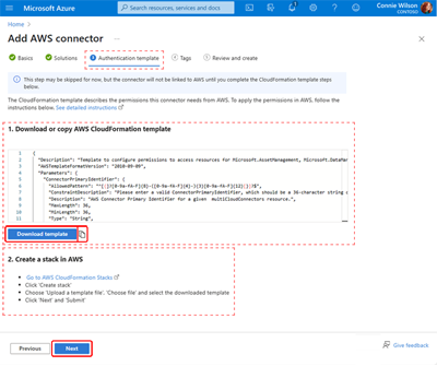A screen capture showing the Authentication Template tab. The AWS CloudFormation template and instructions for creating the stack are displayed.