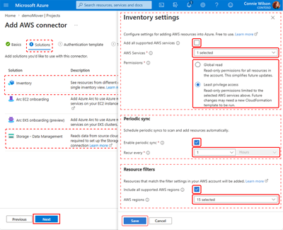 A screen capture showing the Multicloud Connector creation page with the Inventory Settings pane exposed. The required Inventory fields are displayed.