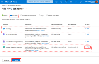 A screen capture showing the Multicloud Connector creation page with the Inventory tab selected and required Inventory objects displayed.
