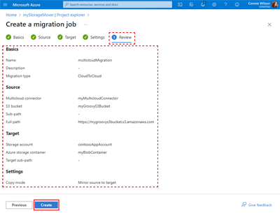 A screen capture showing the Create a Migration Job page with the Review tab selected and all settings displayed.