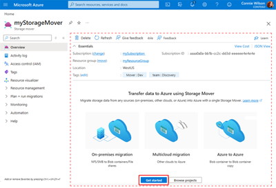 A screen capture showing the Storage Mover Overview page highlighting the Getting Started button.