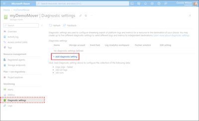 Screen capture highlighting the ability to add a diagnostic setting after deployment.