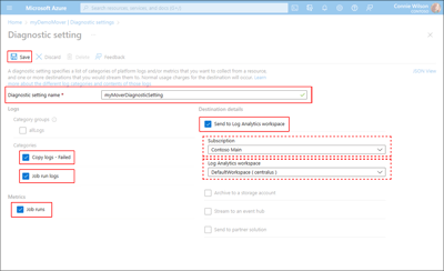 Screen capture illustrating the location of the fields required to add a Diagnostic Setting to an existing Storage Mover resource.