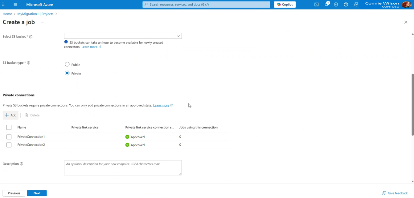 Screenshot of the Create Job experience with the selected private connections listed in the Source tab.