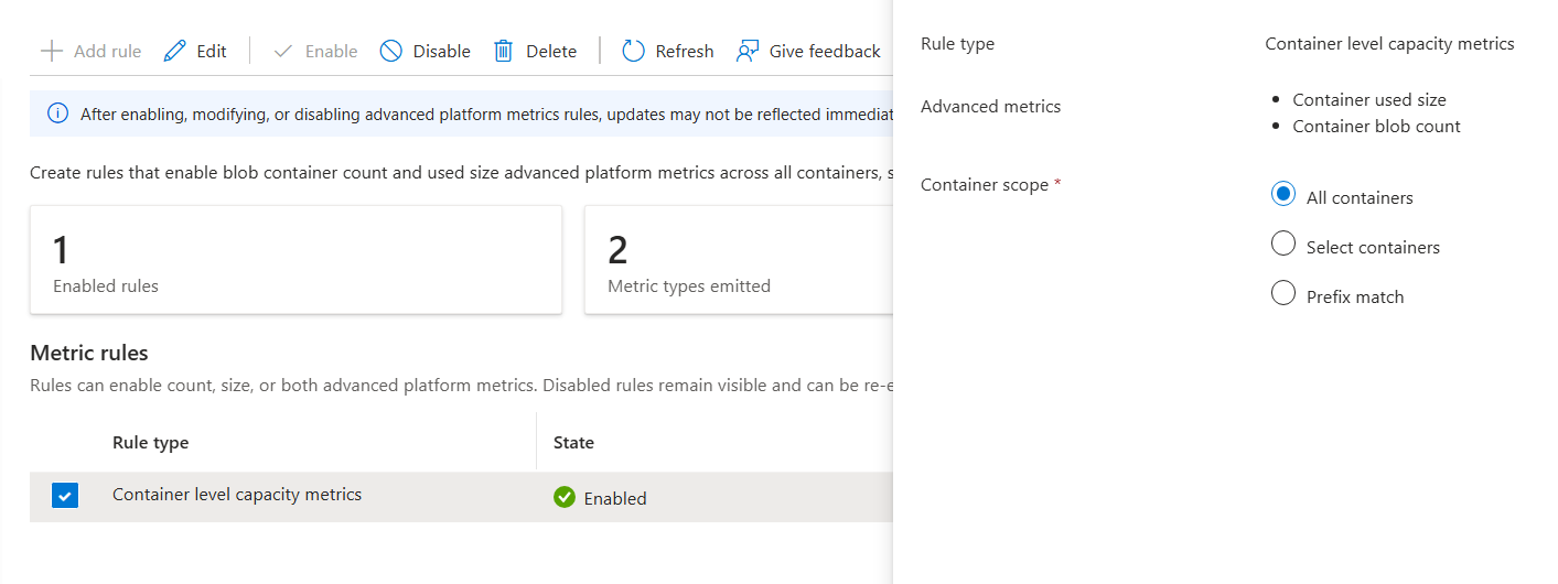 Screenshot of the Azure portal showing the Edit rule experience for advanced platform metrics.