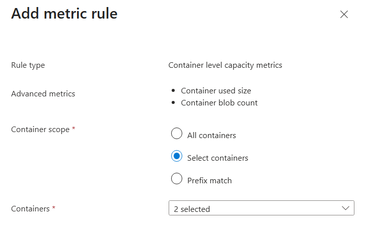 Screenshot of the Azure portal showing the Advanced platform metrics page with the Add metric rule pane.