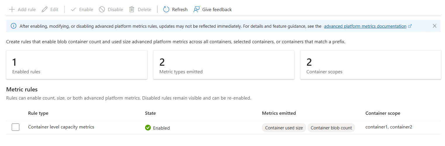 Screenshot of the Azure portal Advanced platform metrics page showing configured rules.
