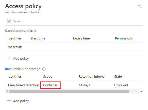 Screenshot showing an existing immutability policy that is scoped to the container