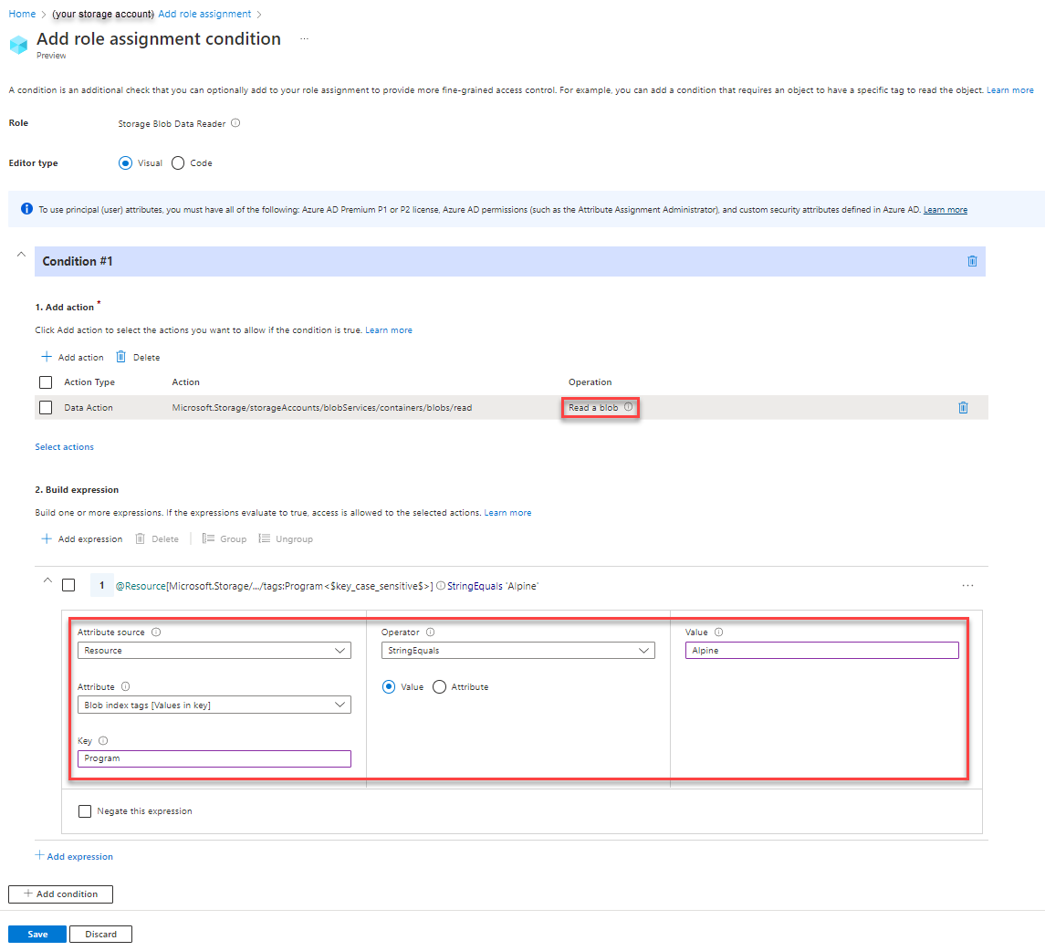 Screenshot of condition 1 editor in Azure portal showing read access to blobs with a blob index tag and a path.