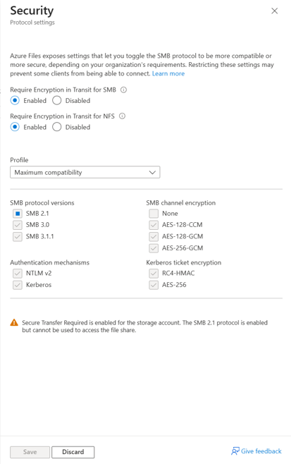 A screenshot showing the dialog to require encryption in transit for SMB or change the security settings for SMB protocol versions, SMB channel encryption, authentication mechanisms, and Kerberos ticket encryption.