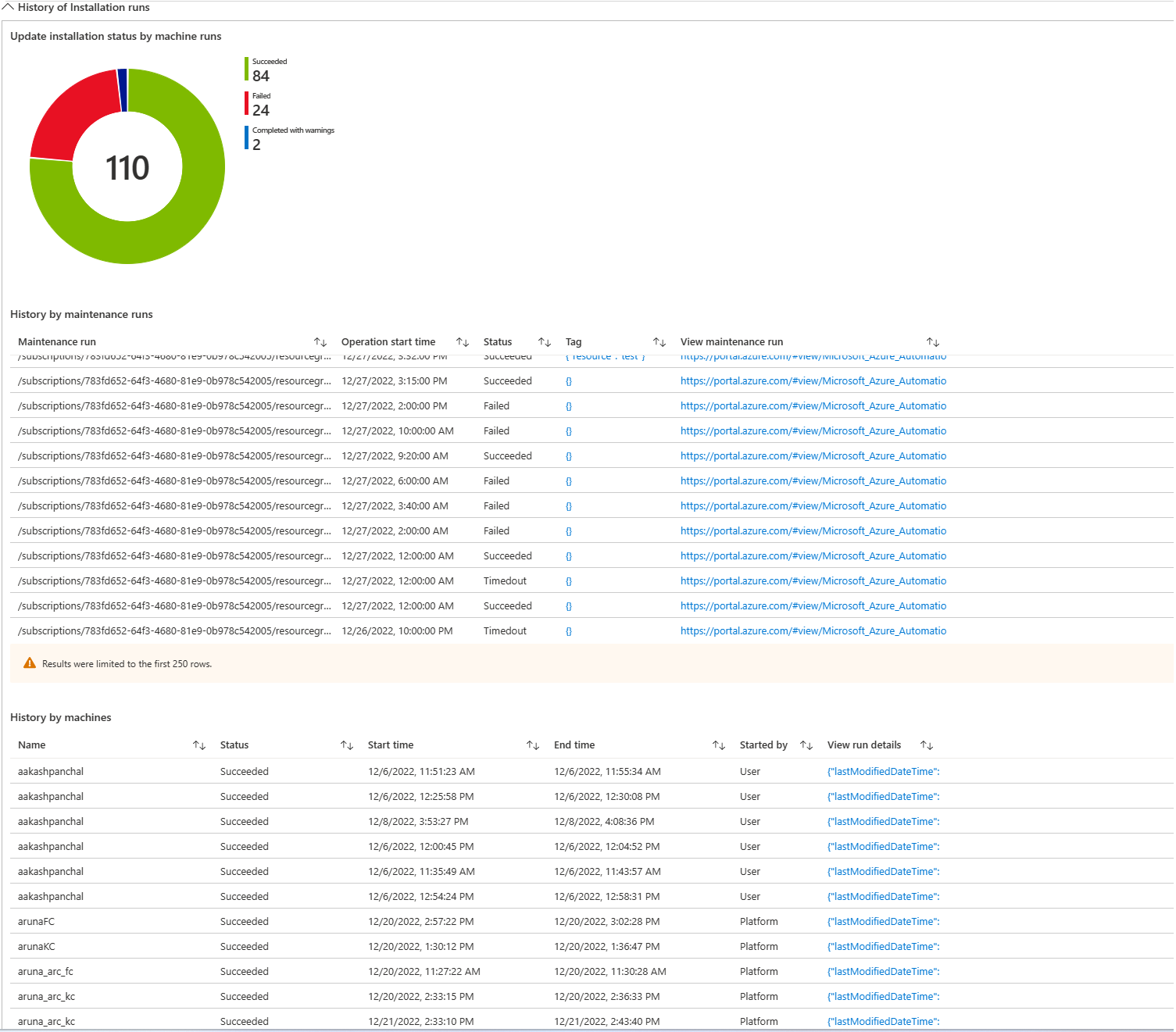 Screenshot that shows a history of installation runs.