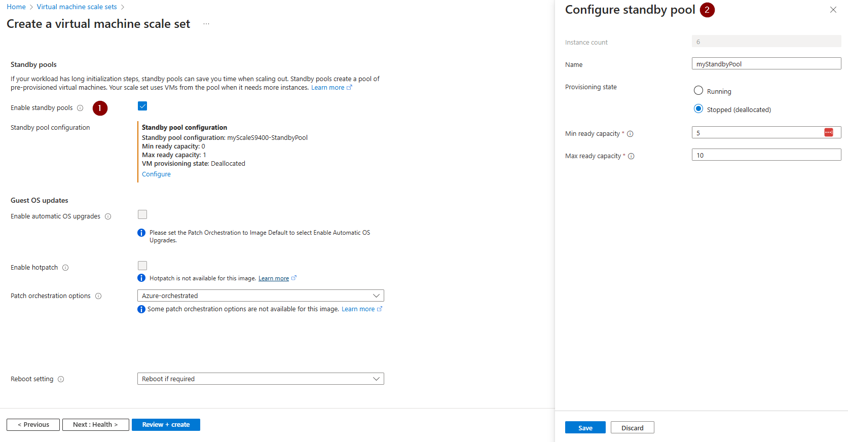 A screenshot showing how to enable a standby pool during the Virtual Machine Scale Set create experience in the portal.