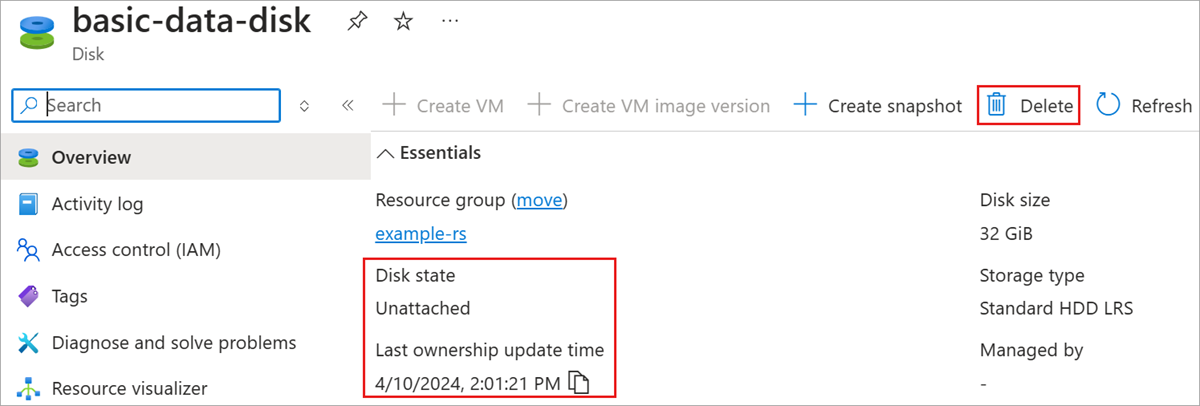 Screenshot of an individual managed disks blade. This blade will show unattached in the disk state if it is unattached. You can delete this disk if you do not need to preserve its data any longer.